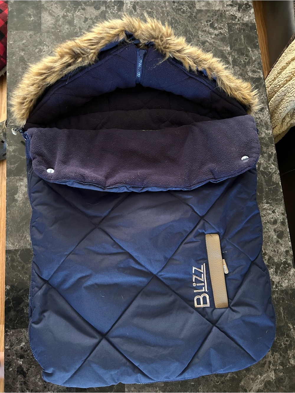 Blizz Navy Quilted Hooded Footmuff with Faux Fur Trim